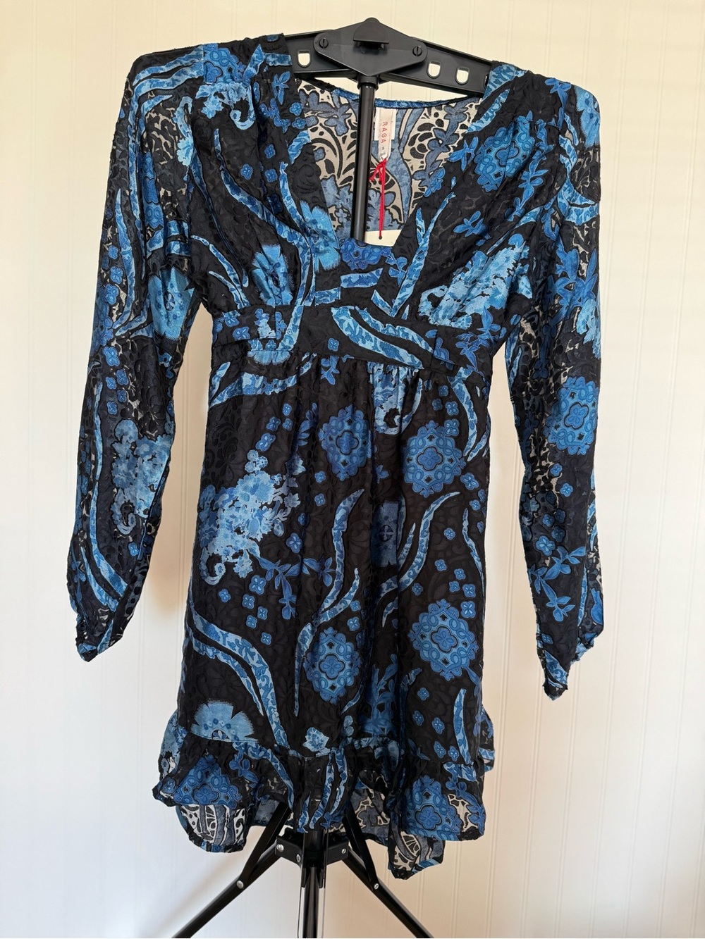 RAGA Small Black and Blue Floral Burnout Velvet V-Neck Long Sleeve Dress Indie